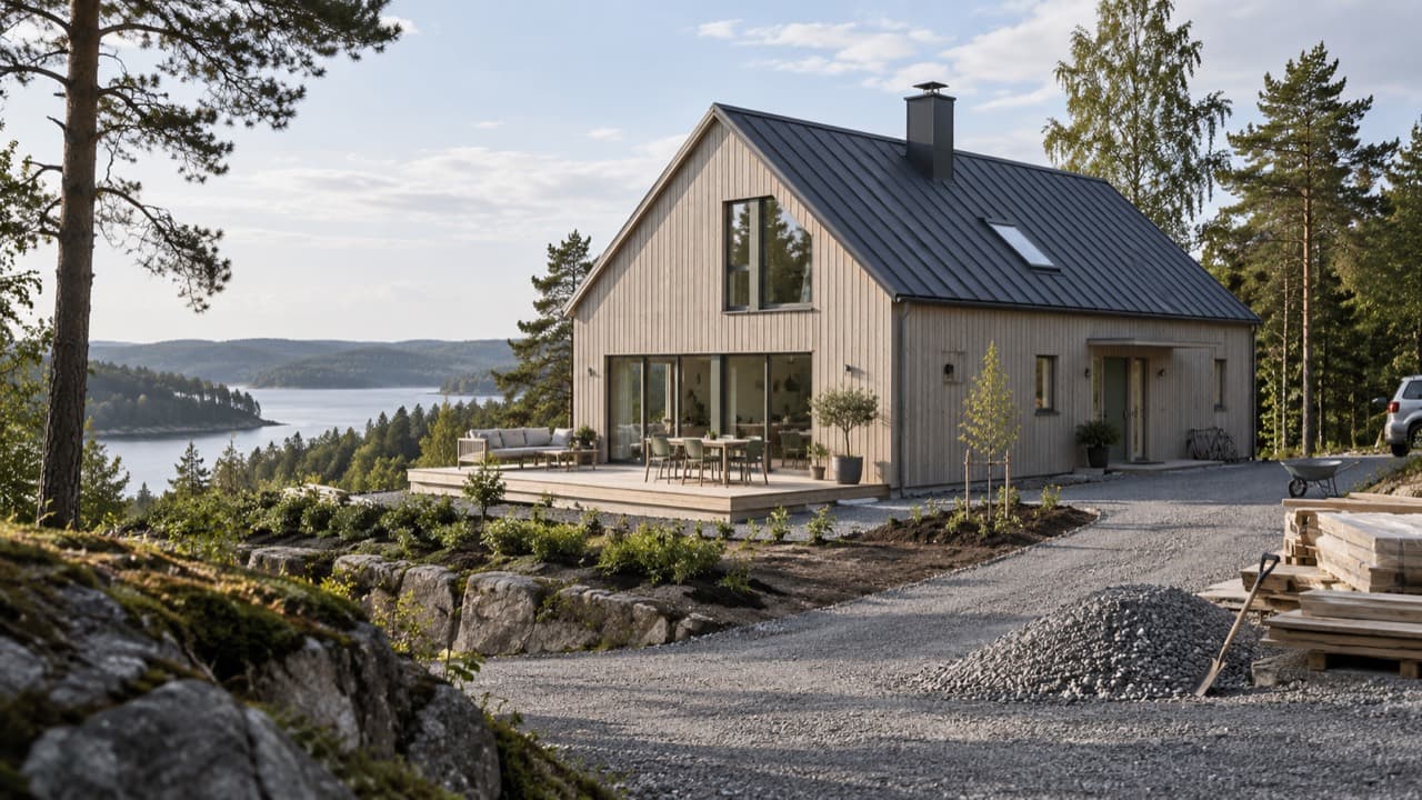 Ett trähus med grusad uppfart, grushög och staplat byggmaterial i förgrunden.