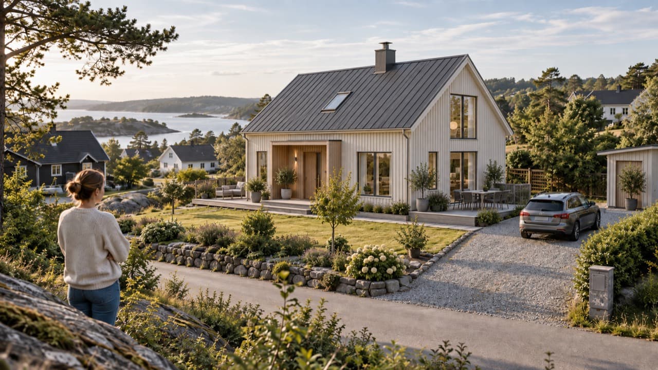 Ett ljust trähus med trädgård, uteplats och uppfart anpassade till en sluttande villatomt.