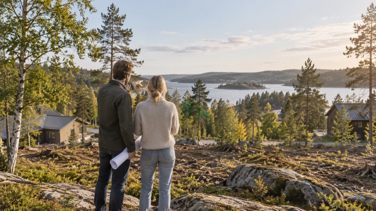 Ett par undersöker en obebyggd bergig tomt bland träd, med grannhus och vatten i bakgrunden.